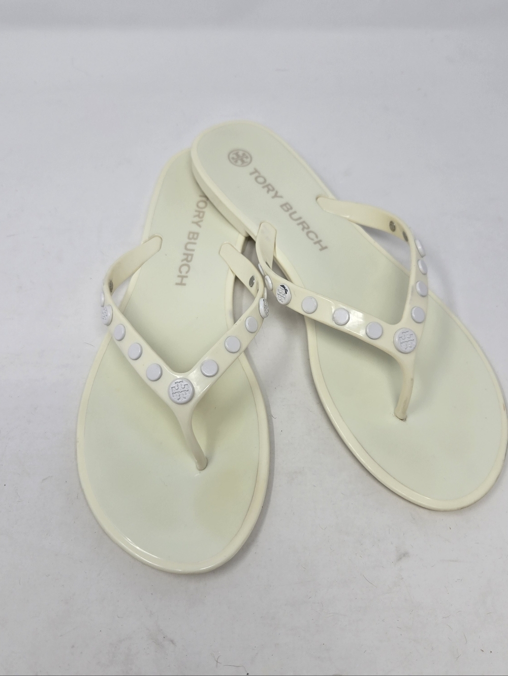 TORY BURCH STUDDED JELLY SANDALS THONGS FLIP FLOPS CREAM BEIGE WOMEN 10 BEACH